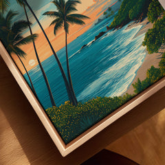 Maui Hawaii Travel Poster | Scenic Tropical Bay View Wall Art Print featuring a serene beach and palm trees at sunset.
