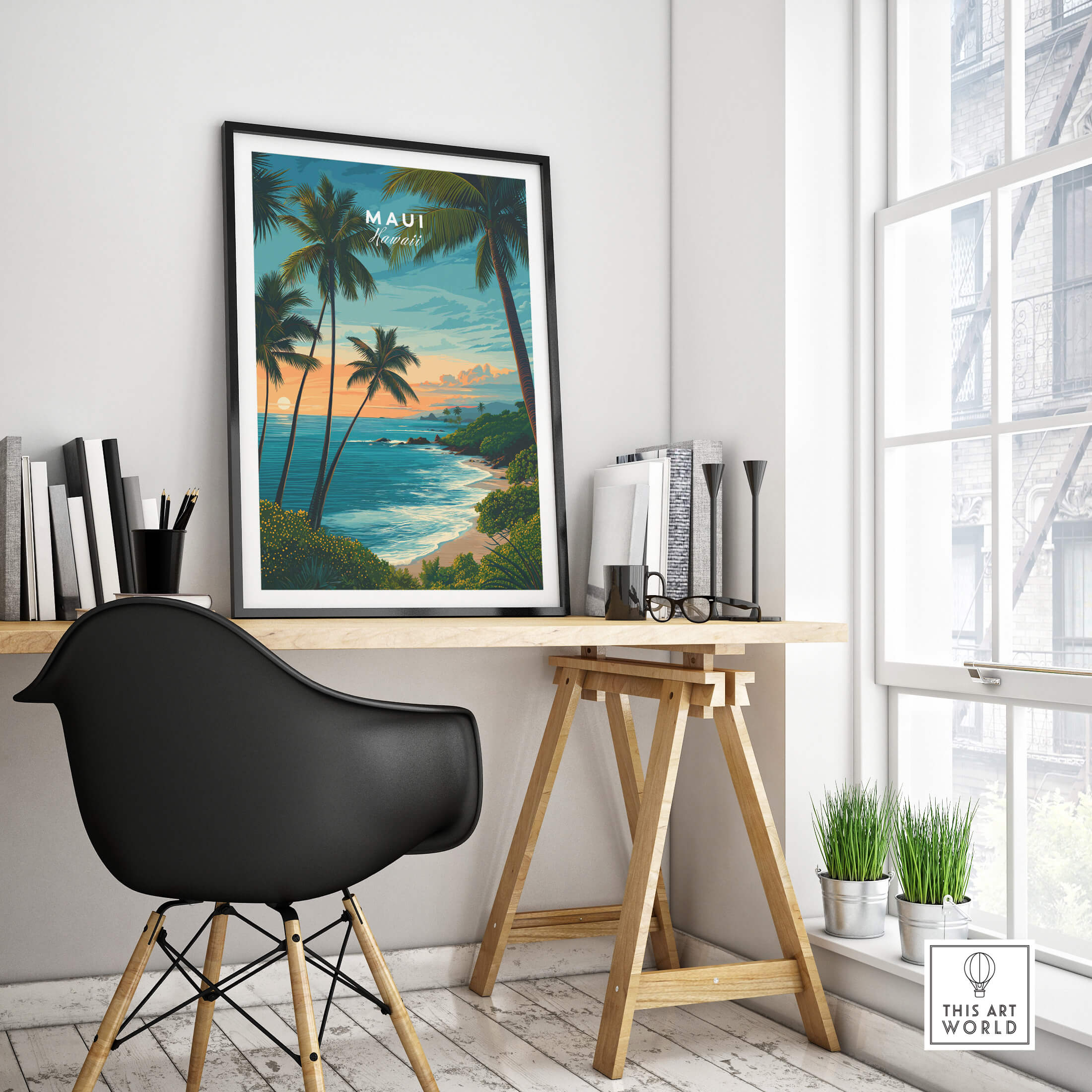 Maui Hawaii Travel Poster | Scenic Tropical Bay View Wall Art Print displayed in a modern home office setting.