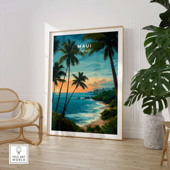 Maui Hawaii Travel Poster | Scenic Tropical Bay View Wall Art Print showcasing a tropical bay with palm trees and sunset.
