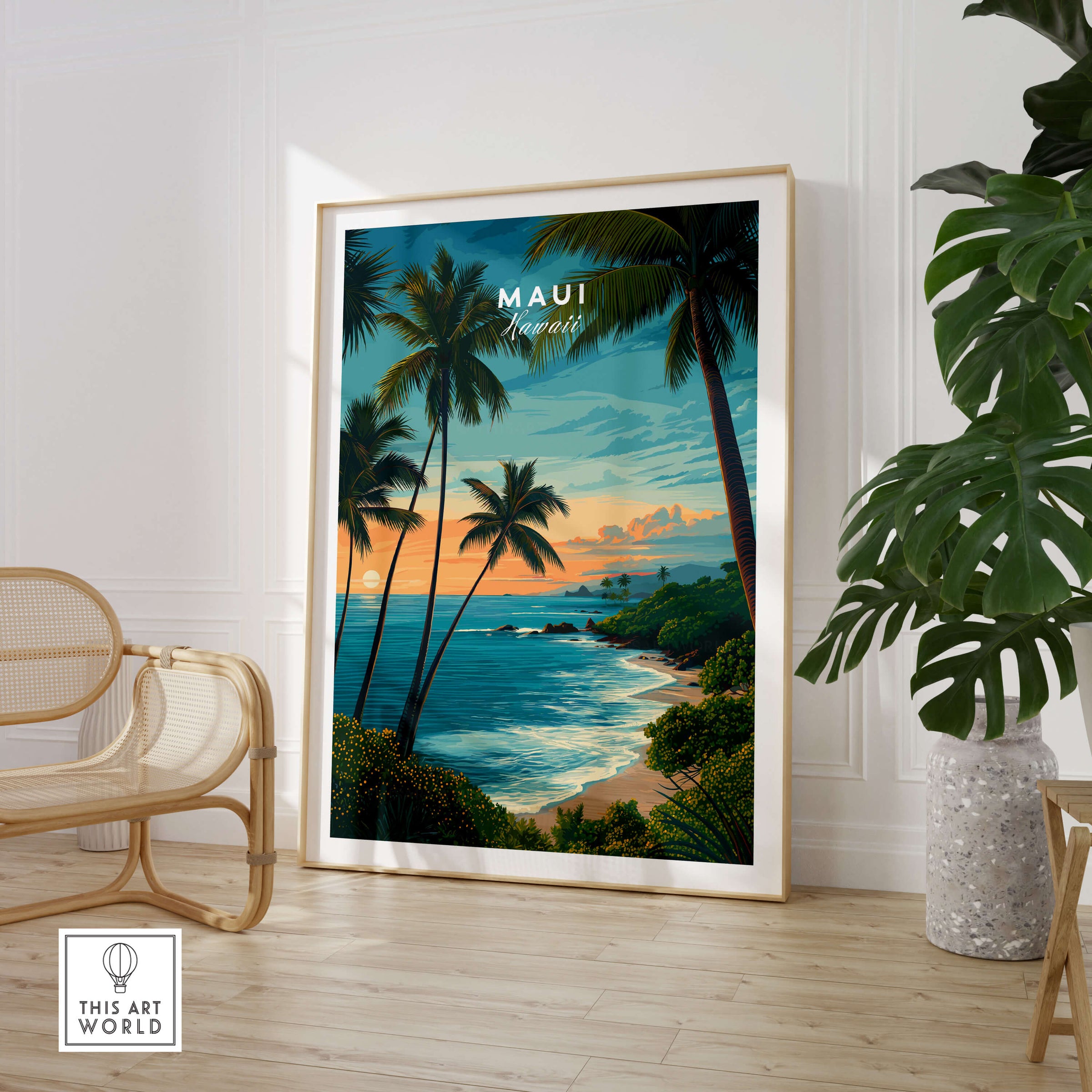 Maui Hawaii Travel Poster | Scenic Tropical Bay View Wall Art Print showcasing a tropical bay with palm trees and sunset.