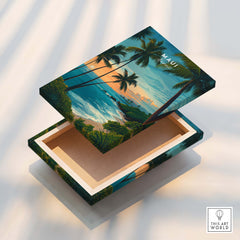 Maui Hawaii Travel Poster | Scenic Tropical Bay View Wall Art Print on a decorative box showcasing a tropical landscape.