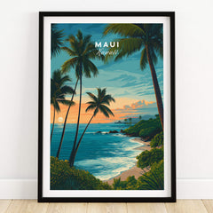 Maui Hawaii Travel Poster | Scenic Tropical Bay View Wall Art Print featuring palm trees and a serene ocean sunset.