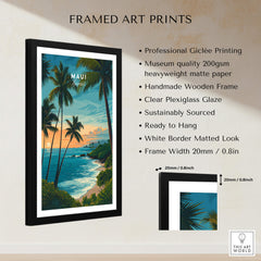 Maui Hawaii Travel Poster | Scenic Tropical Bay View Wall Art Print framed with a wooden frame and clear plexiglass.