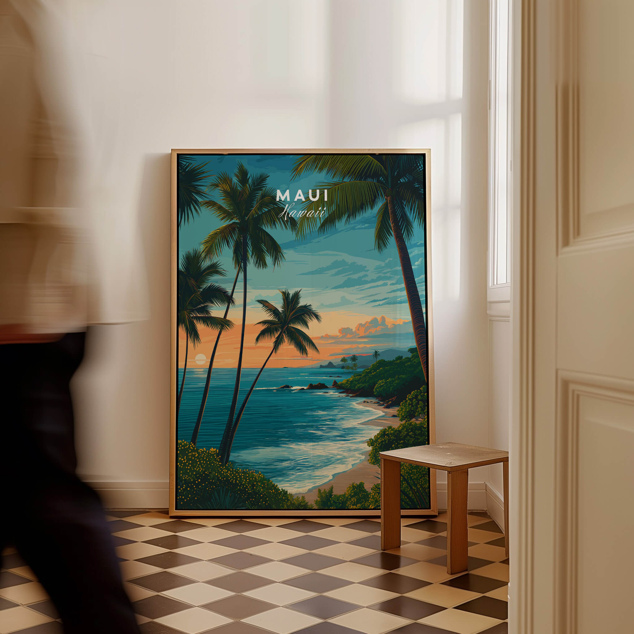 Maui Hawaii Travel Poster | Scenic Tropical Bay View Wall Art Print featuring palm trees and a coastal sunset.
