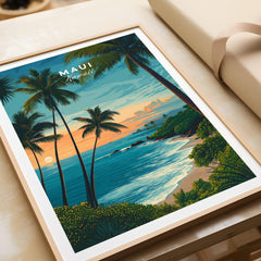 Maui Hawaii Travel Poster | Scenic Tropical Bay View Wall Art Print featuring palm trees and a vibrant sunset over the ocean.