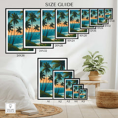 Maui Hawaii Travel Poster | Scenic Tropical Bay View Wall Art Print size guide featuring various frame dimensions.