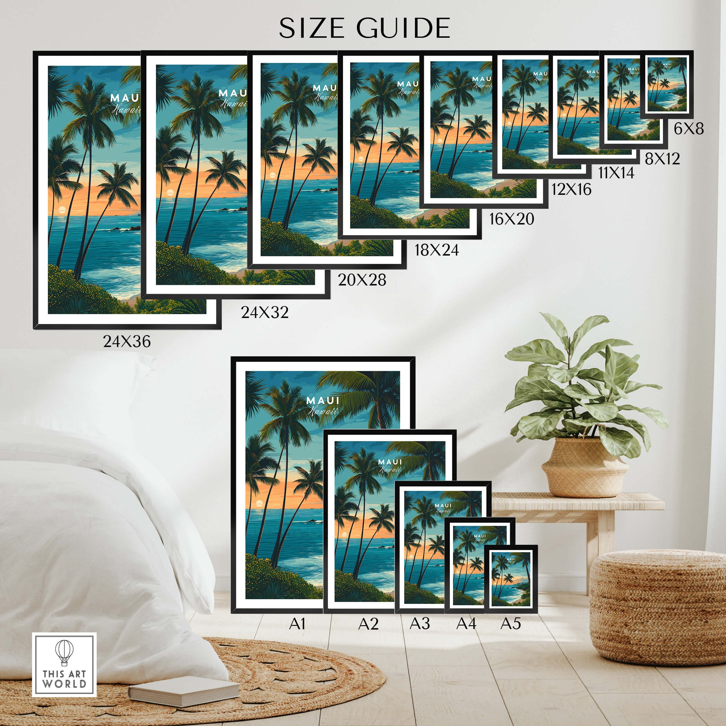 Maui Hawaii Travel Poster | Scenic Tropical Bay View Wall Art Print size guide featuring various frame dimensions.