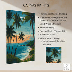 Maui Hawaii Travel Poster | Scenic Tropical Bay View Wall Art Print with palm trees and ocean in vibrant colors.