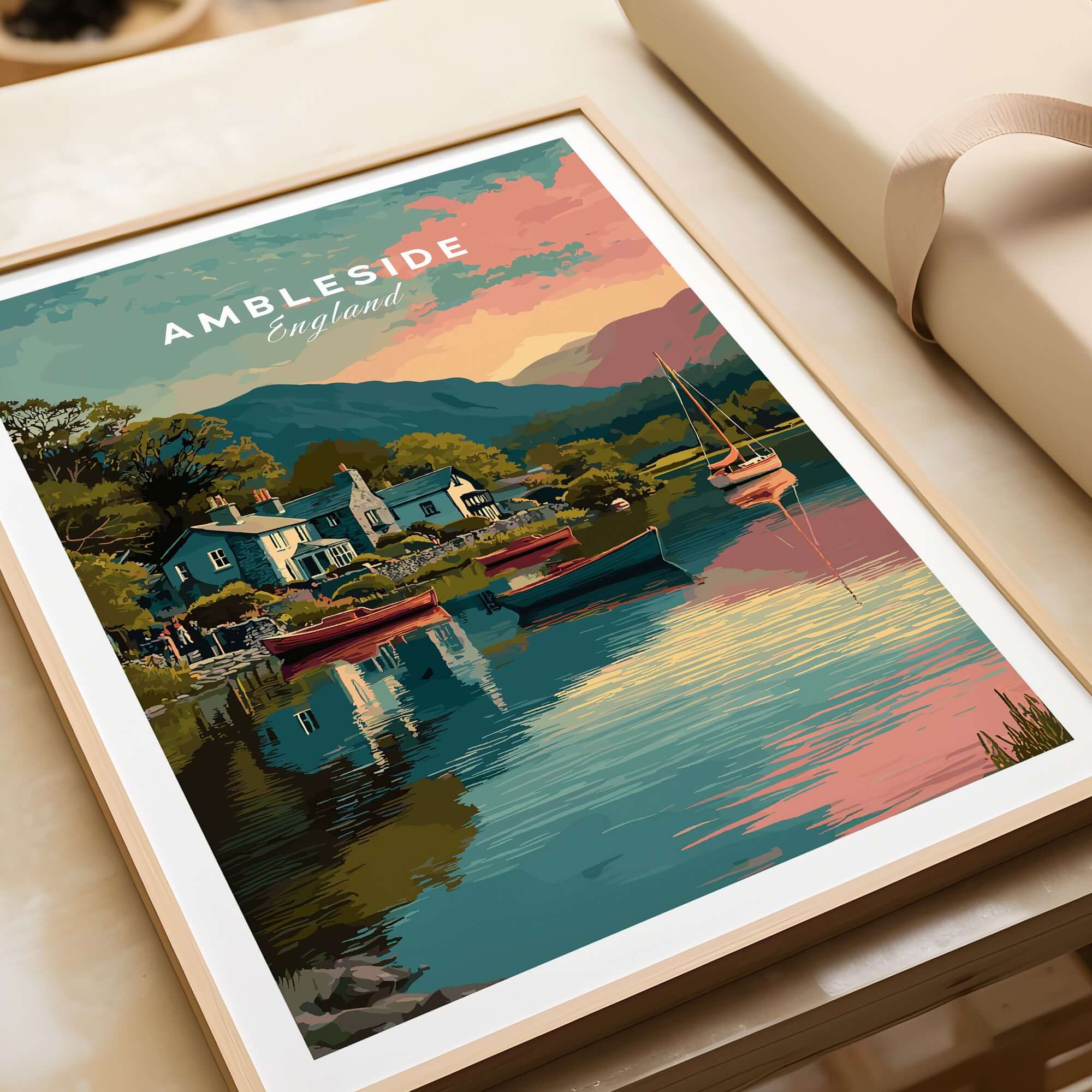 Ambleside Sunset Lake District View Print | Romantic English Home Decor featuring serene lake landscape artwork.