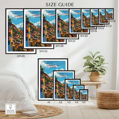 Medellin Travel Poster - Colombia size guide showcasing various frame sizes and styles for wall art