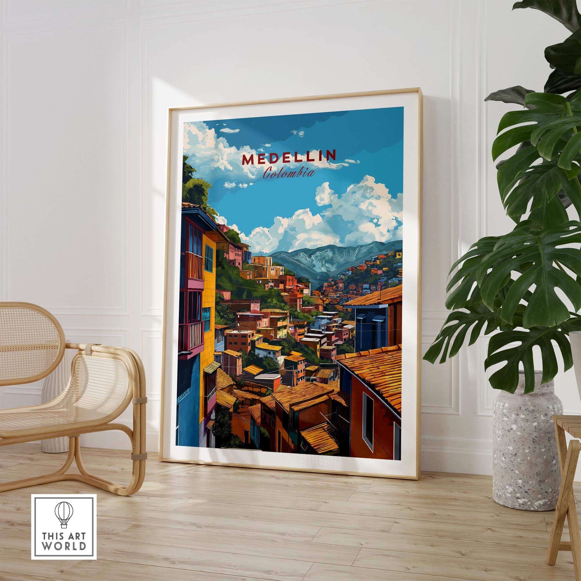 Medellin Travel Poster - Colombia showcasing colorful buildings and vibrant scenery in Medellin