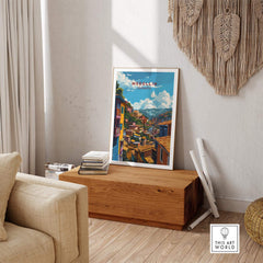 Medellin Travel Poster - Colombia displayed in a cozy living room setting with wooden accents and natural decor.