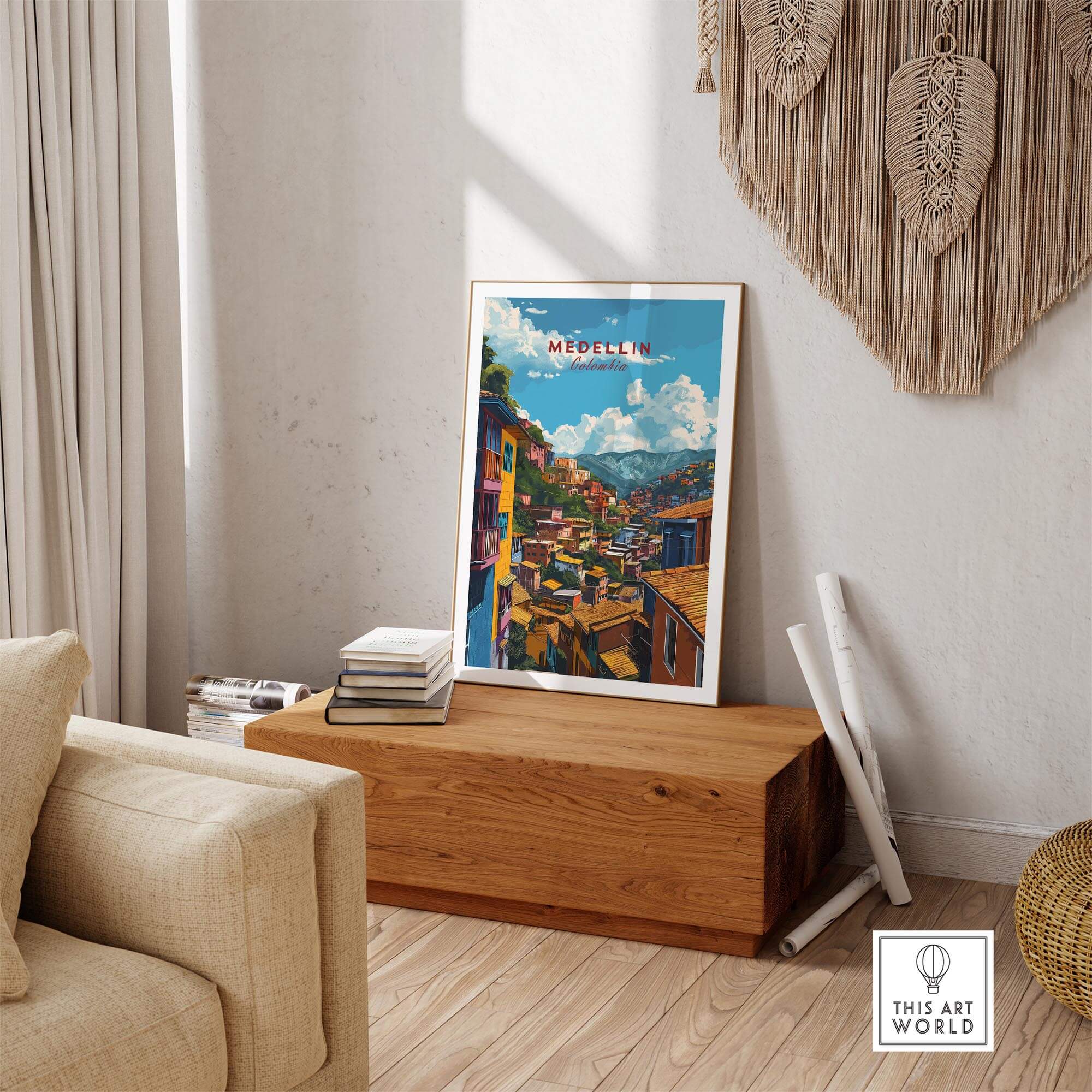 Medellin Travel Poster - Colombia displayed in a cozy living room setting with wooden accents and natural decor.