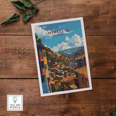 Medellin Travel Poster - Colombia showcasing vibrant streets and beautiful architecture of Medellin.