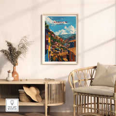 Medellin Travel Poster - Colombia displayed in a cozy home setting, showcasing vibrant colors and picturesque streets.