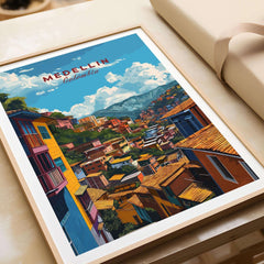 Medellin Travel Poster - Colombia showcasing vibrant neighborhoods and stunning scenery of Medellin.