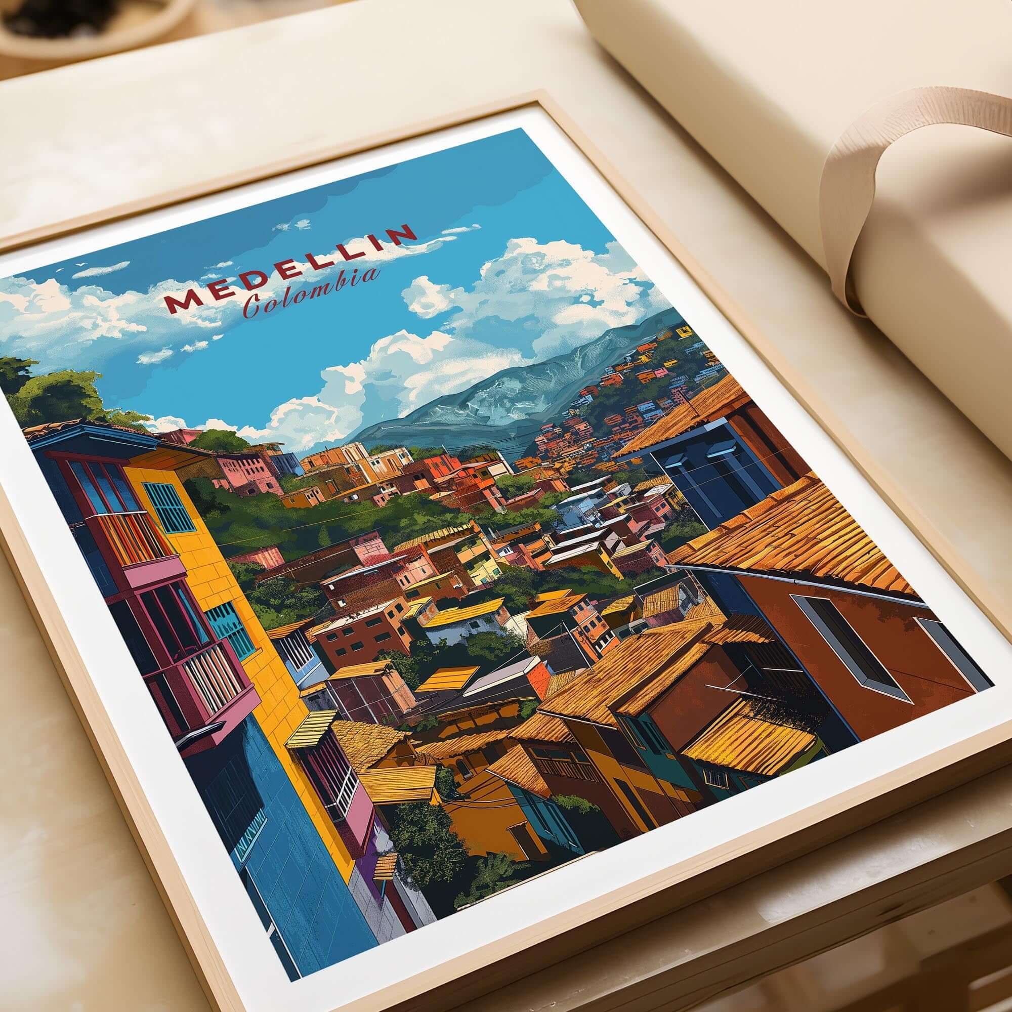 Medellin Travel Poster - Colombia showcasing vibrant neighborhoods and stunning scenery of Medellin.