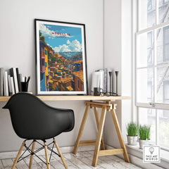 Medellin Travel Poster - Colombia displayed in a stylish office setting, showcasing vibrant wall art of Medellin.