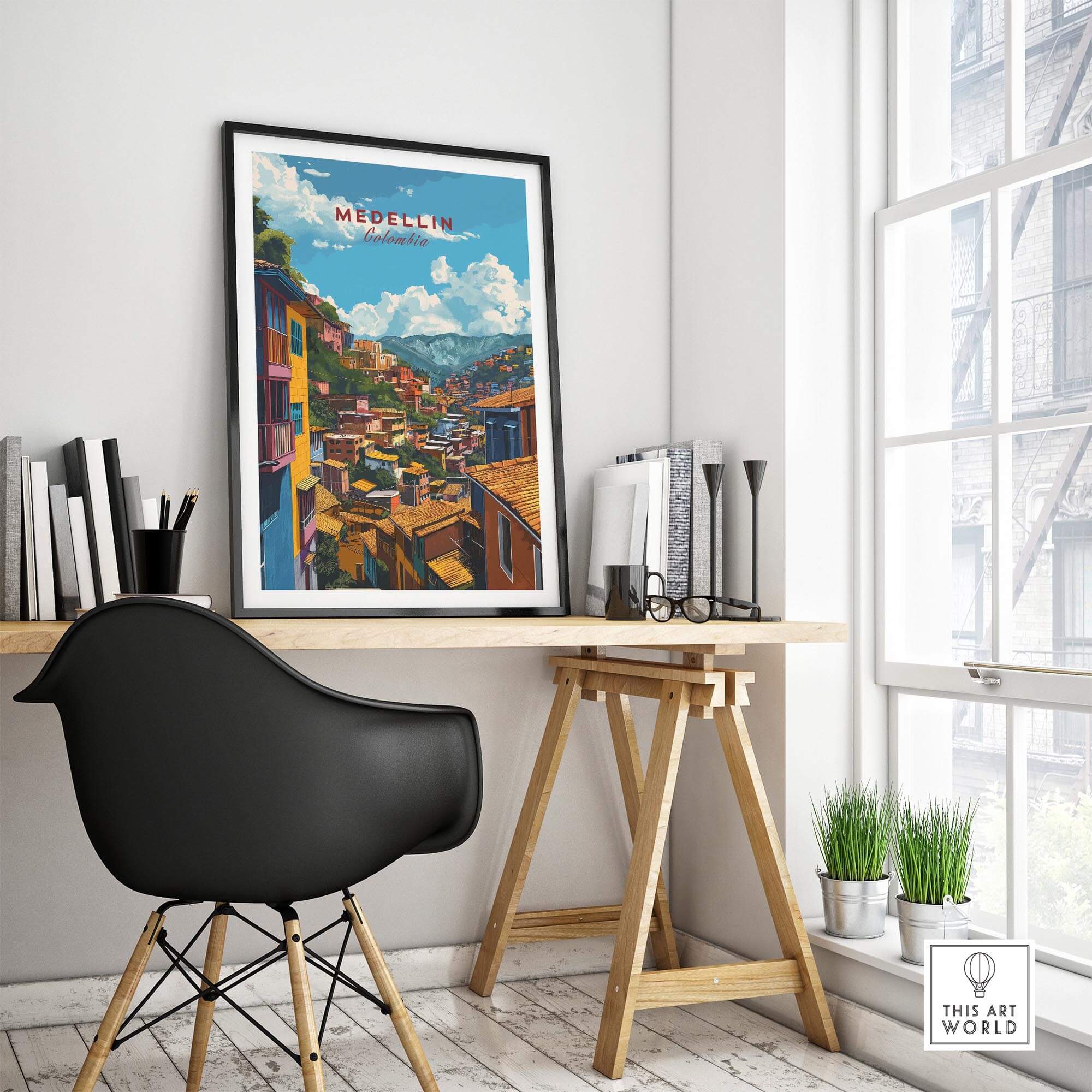 Medellin Travel Poster - Colombia displayed in a stylish office setting, showcasing vibrant wall art of Medellin.