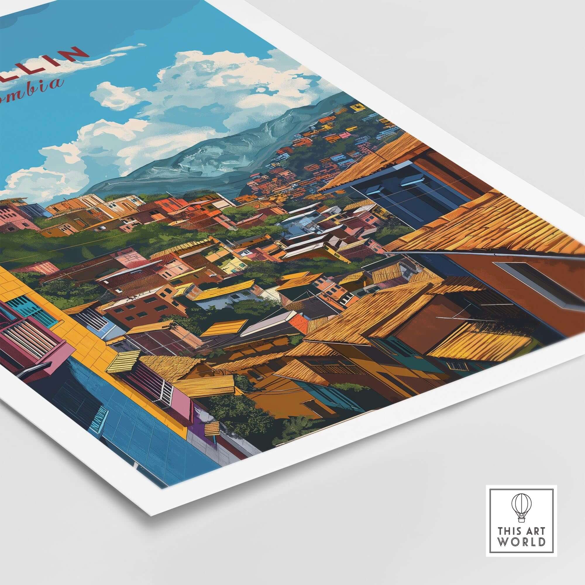 Medellin Travel Poster - Colombia showcasing vibrant streets and colorful buildings in Medellin.