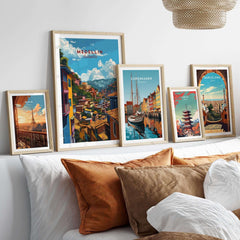 Medellin Travel Poster - Colombia displayed among other travel posters in a stylish home setting.