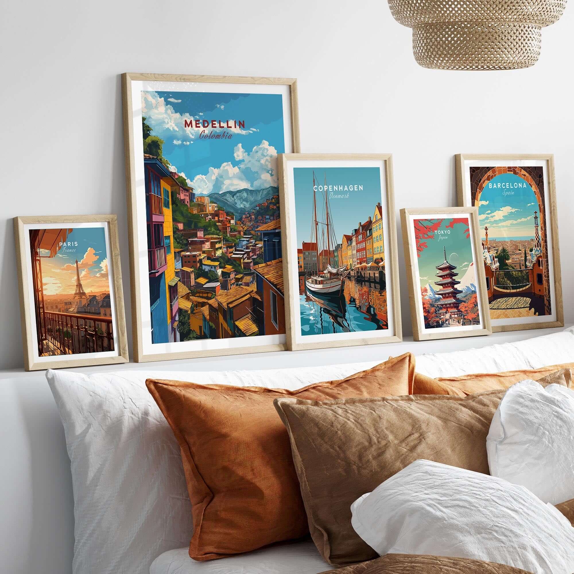 Medellin Travel Poster - Colombia displayed among other travel posters in a stylish home setting.