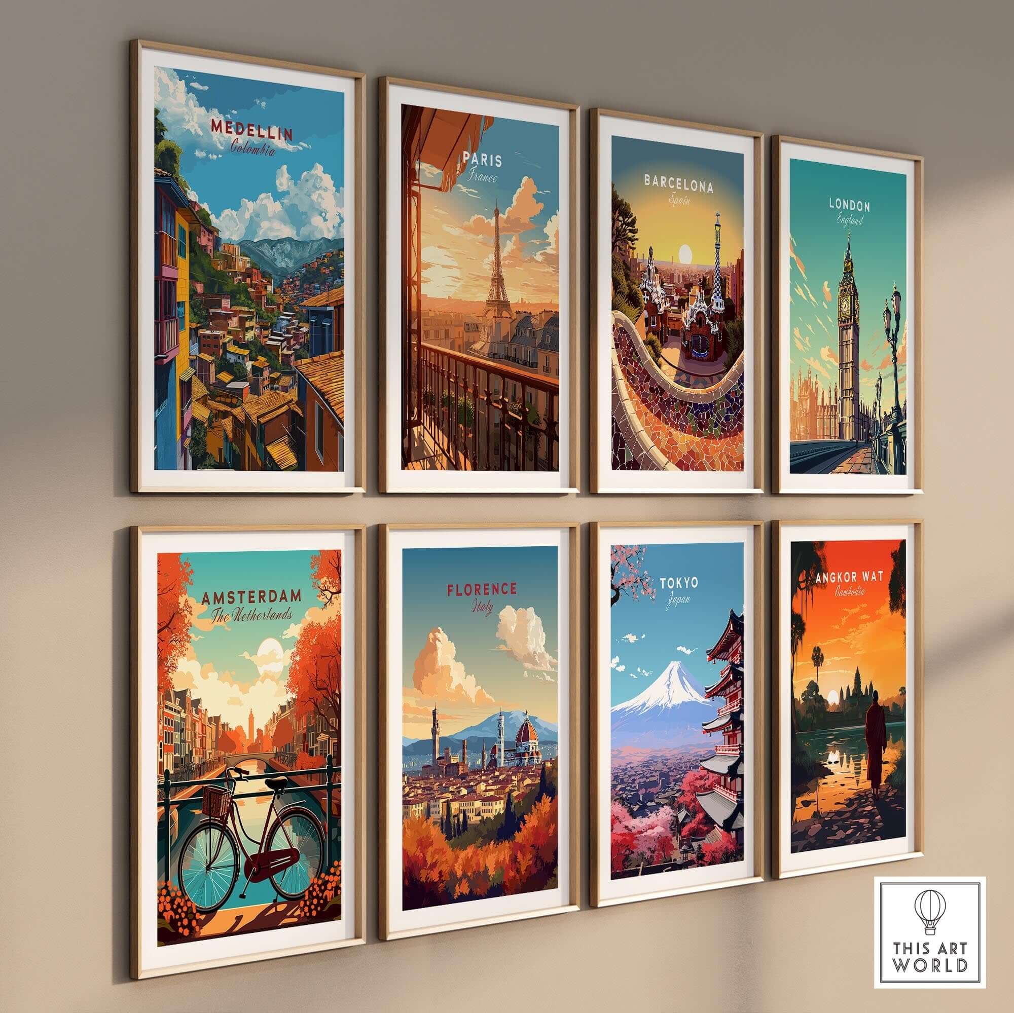 Medellin Travel Poster - Colombia and other vibrant city travel posters displayed on a wall.