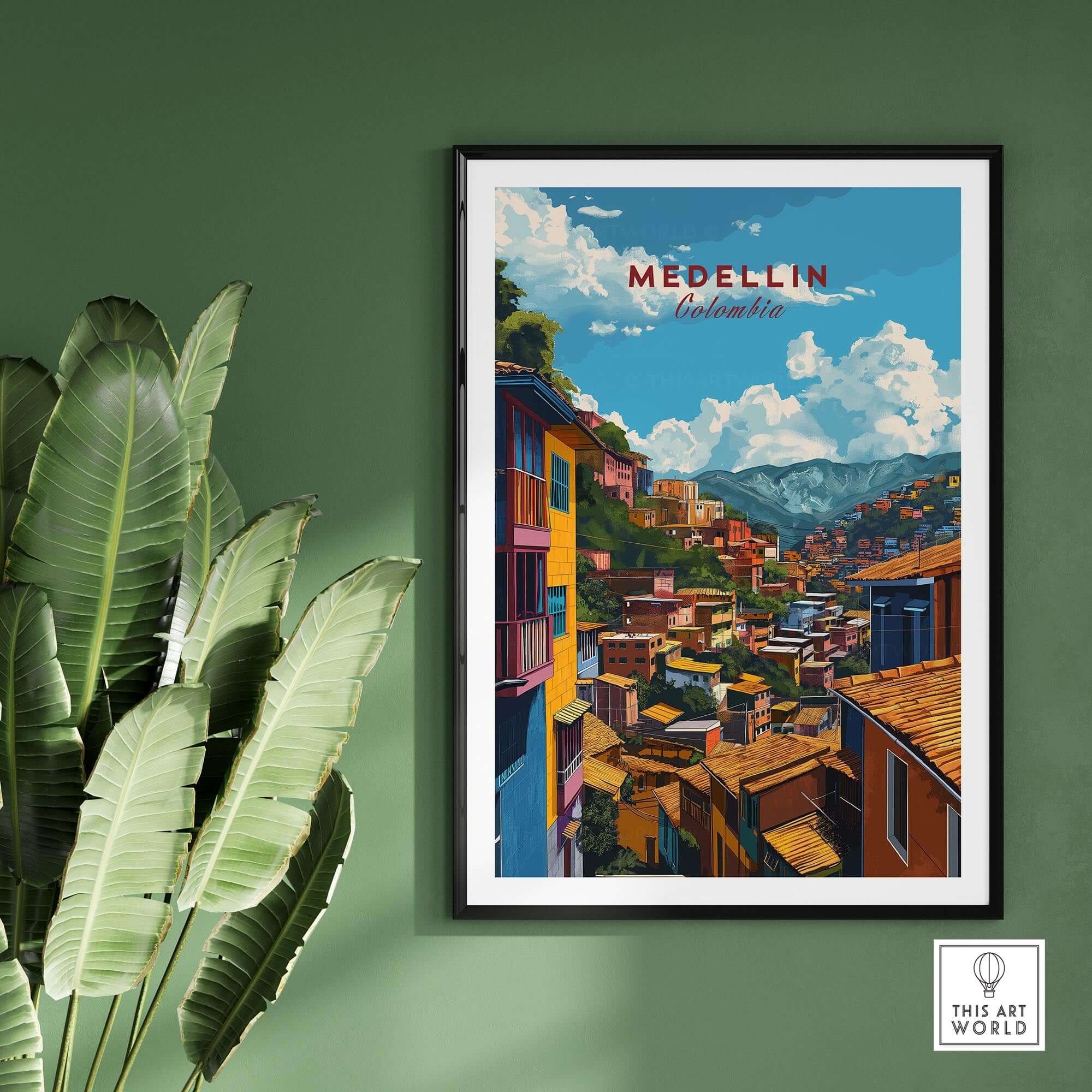 Medellin Travel Poster - Colombia showcasing vibrant city landscape with colorful buildings.