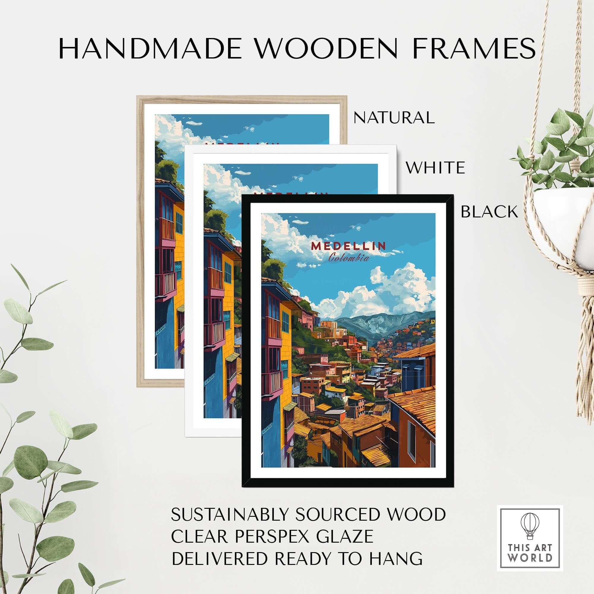 Medellin Travel Poster - Colombia in handmade wooden frames, showcasing natural, white, and black options.