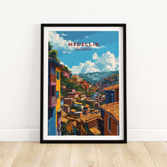 Medellin Travel Poster - Colombia showcasing vibrant streets and colorful buildings of Medellin.