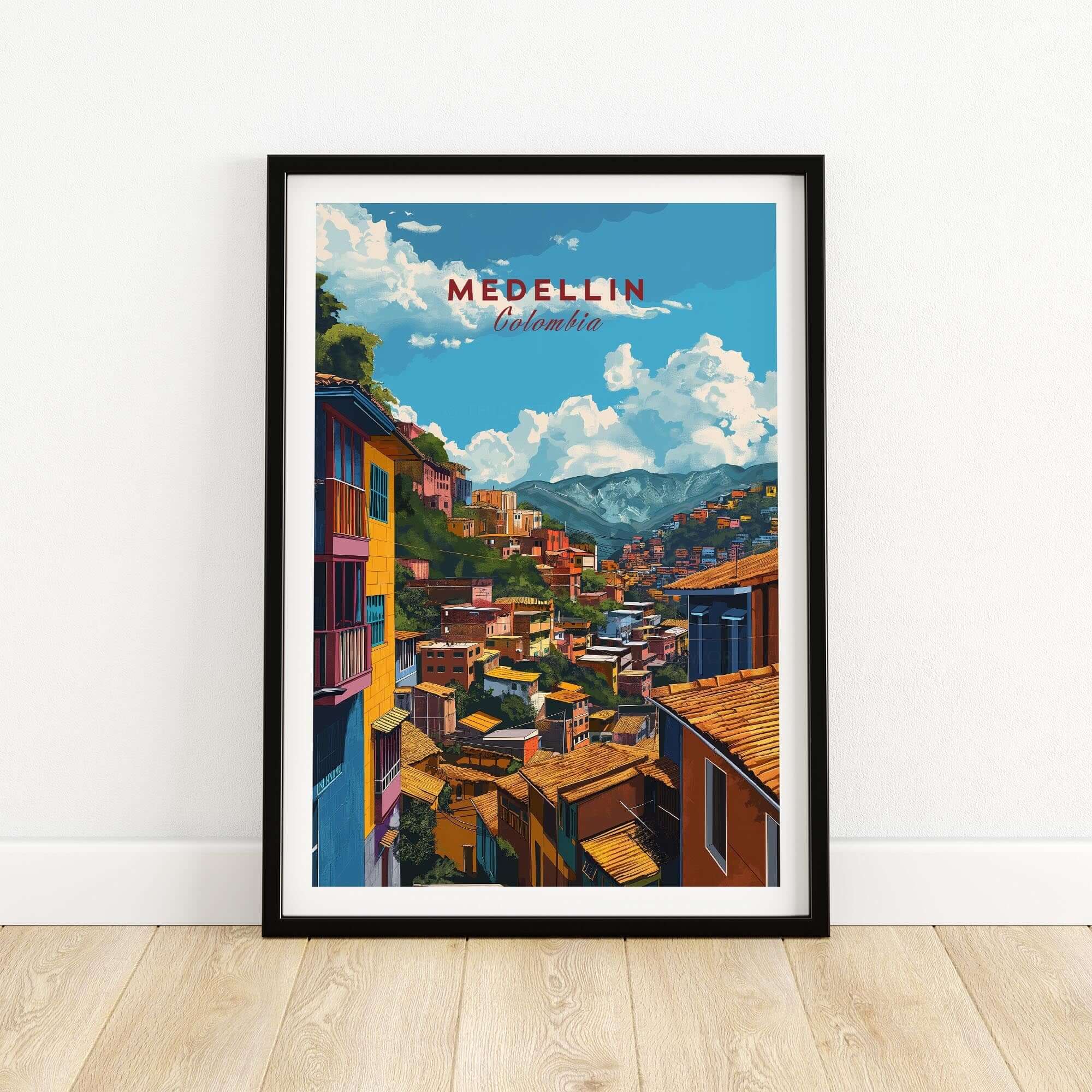 Medellin Travel Poster - Colombia showcasing vibrant streets and colorful buildings of Medellin.