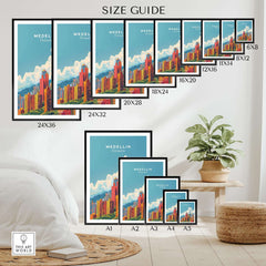 Medellin Travel Print size guide featuring various frame sizes and vibrant Medellin city illustration.