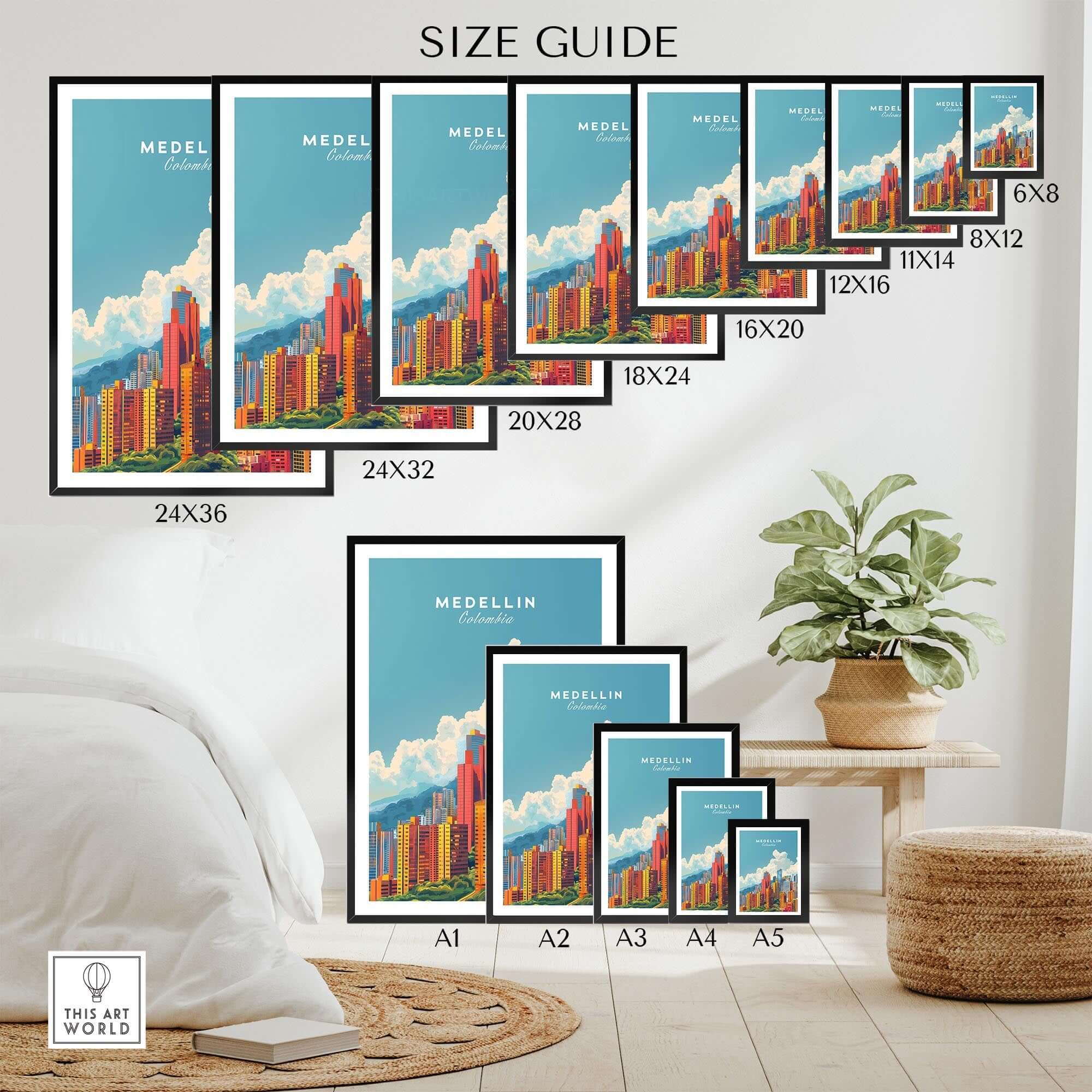 Medellin Travel Print size guide featuring various frame sizes and vibrant Medellin city illustration.