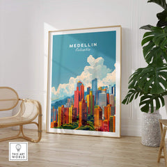 Medellin Travel Print showcasing vibrant cityscape of Medellin, Colombia in a stylish living room setting.