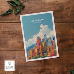 Medellin Travel Print showcasing vibrant Medellin skyline with colorful buildings against a bright blue sky.