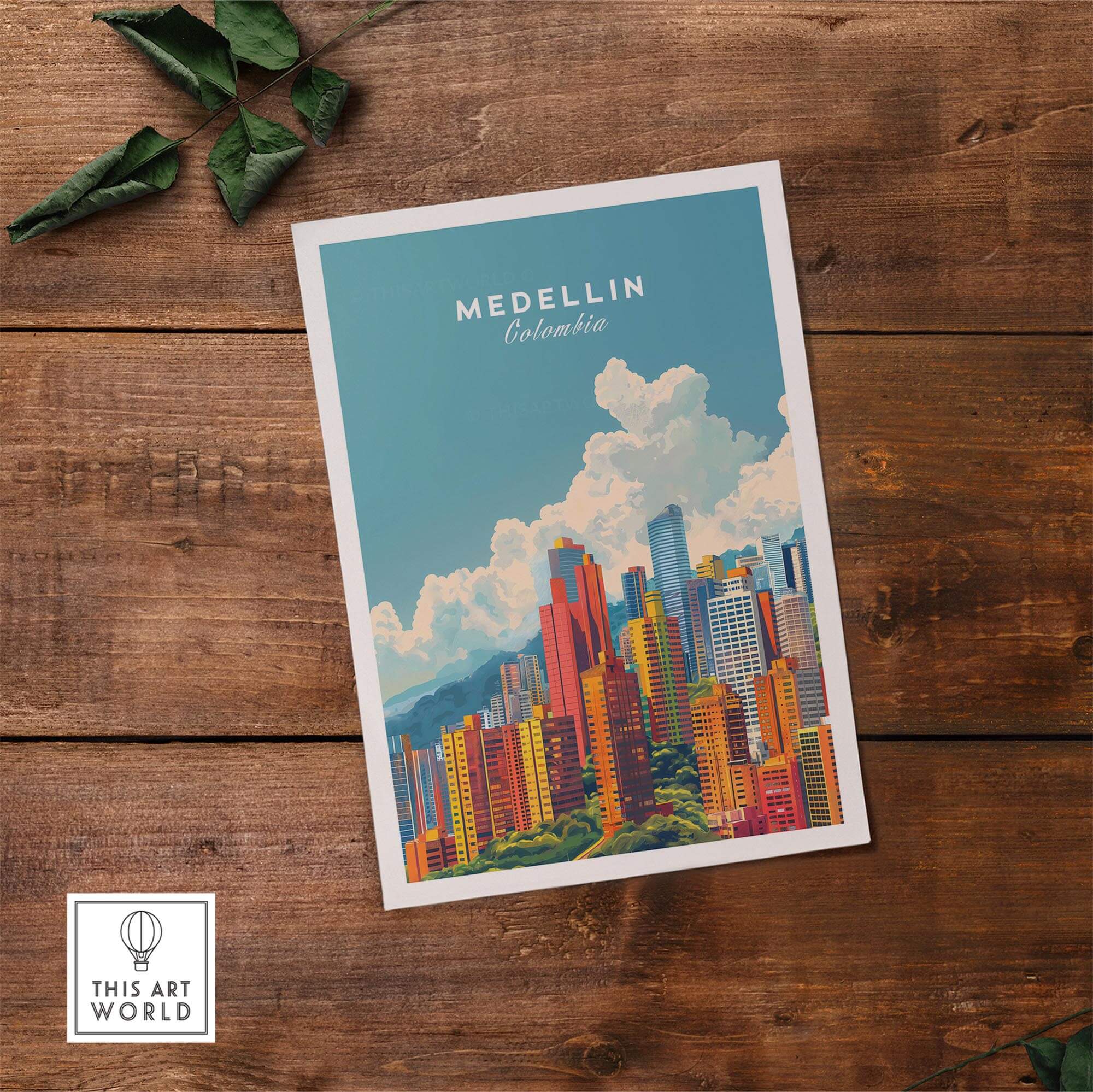 Medellin Travel Print showcasing vibrant Medellin skyline with colorful buildings against a bright blue sky.