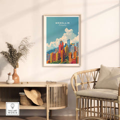 Medellin Travel Print showcasing a vibrant depiction of Medellin's colorful skyline, perfect for travel enthusiasts.