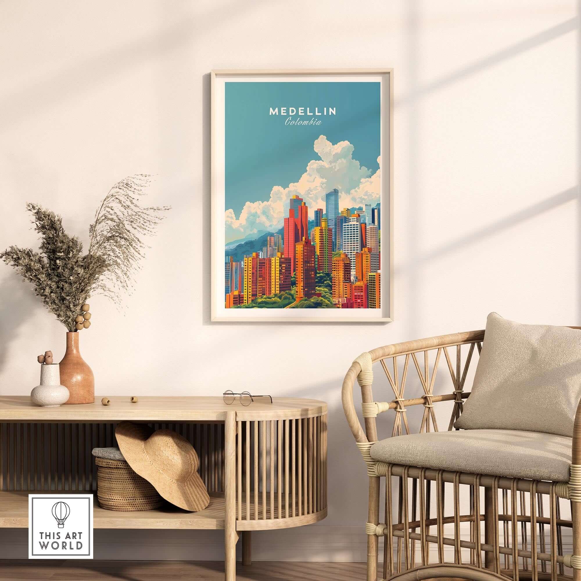 Medellin Travel Print showcasing a vibrant depiction of Medellin's colorful skyline, perfect for travel enthusiasts.