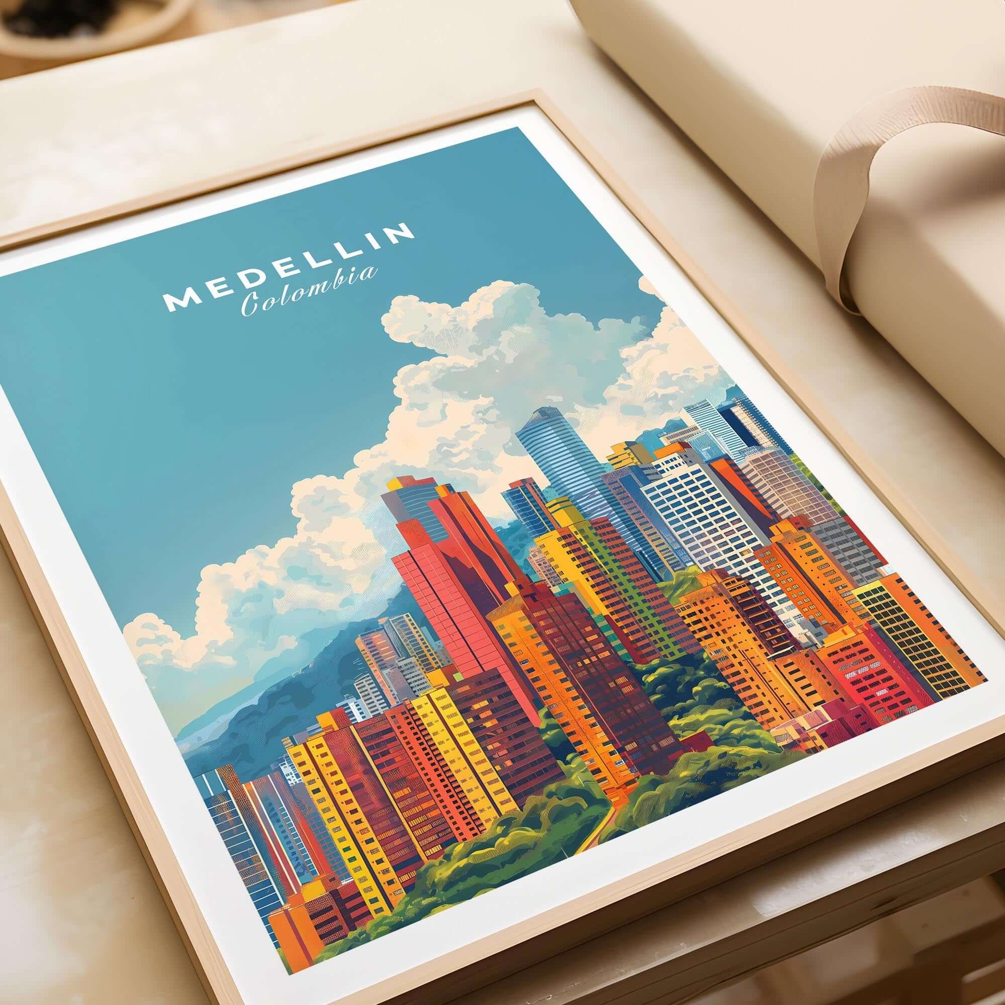 Medellin Travel Print showcasing a colorful depiction of Medellin's skyline and vibrant city life.