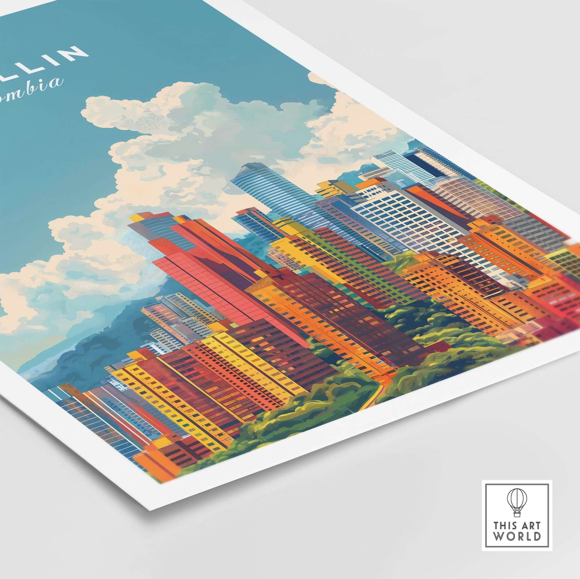 Medellin Travel Print featuring a vibrant depiction of Medellin city skyline, showcasing colorful buildings and a clear sky.