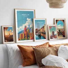 Collection of vibrant travel prints including Medellin Travel Print, perfect for home decor and travel inspiration.