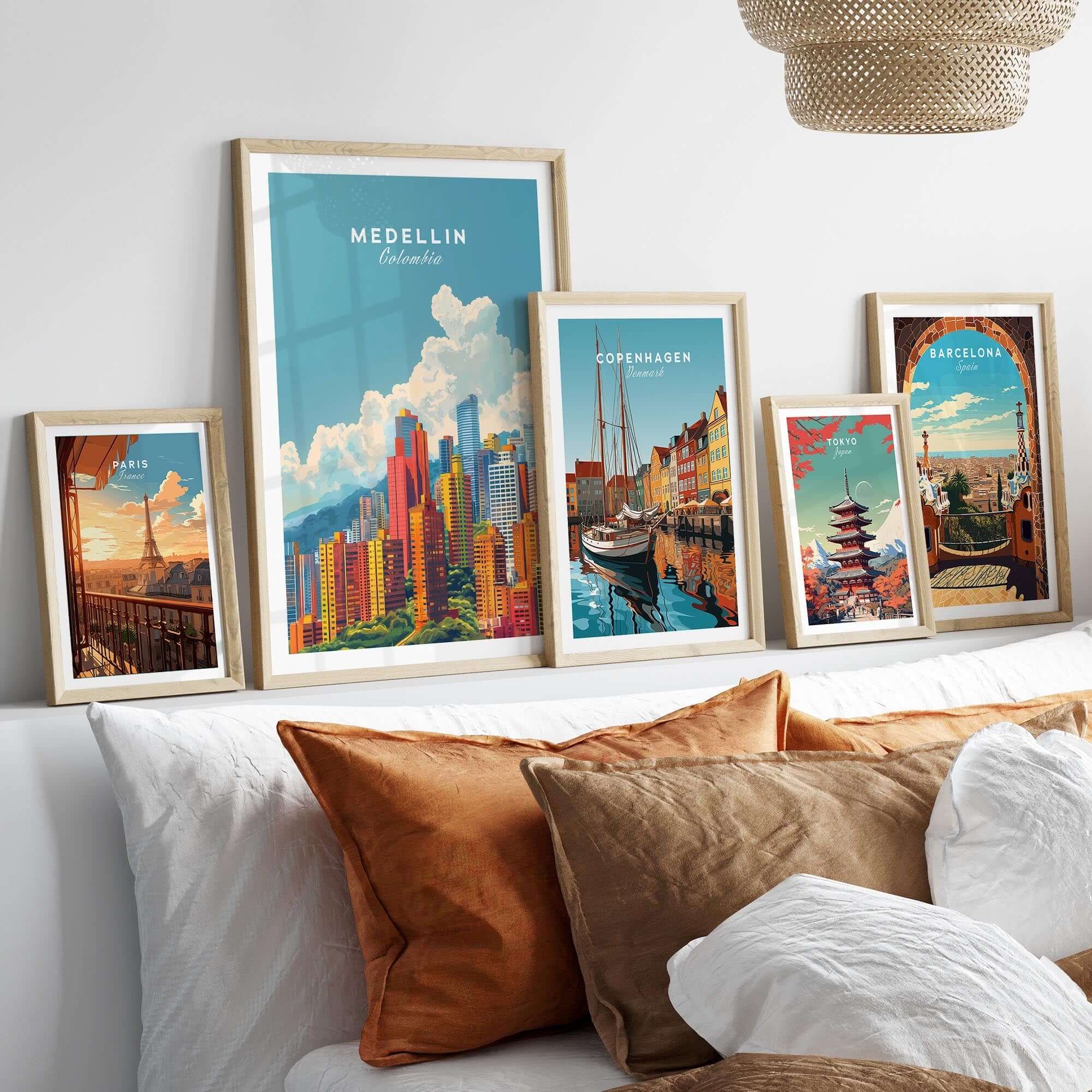 Collection of vibrant travel prints including Medellin Travel Print, perfect for home decor and travel inspiration.