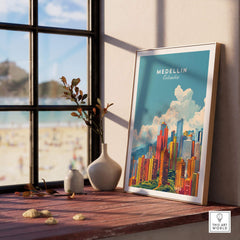 Medellin Travel Print showcasing vibrant cityscape of Medellin, Colombia, perfect for travel enthusiasts.