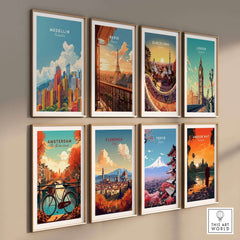 Colorful travel prints including a Medellin Travel Print showcased on a wall, perfect for wanderlust and home decor.