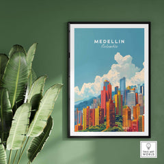 Medellin Travel Print poster showcasing vibrant cityscape of Medellin, Colombia, surrounded by green foliage.