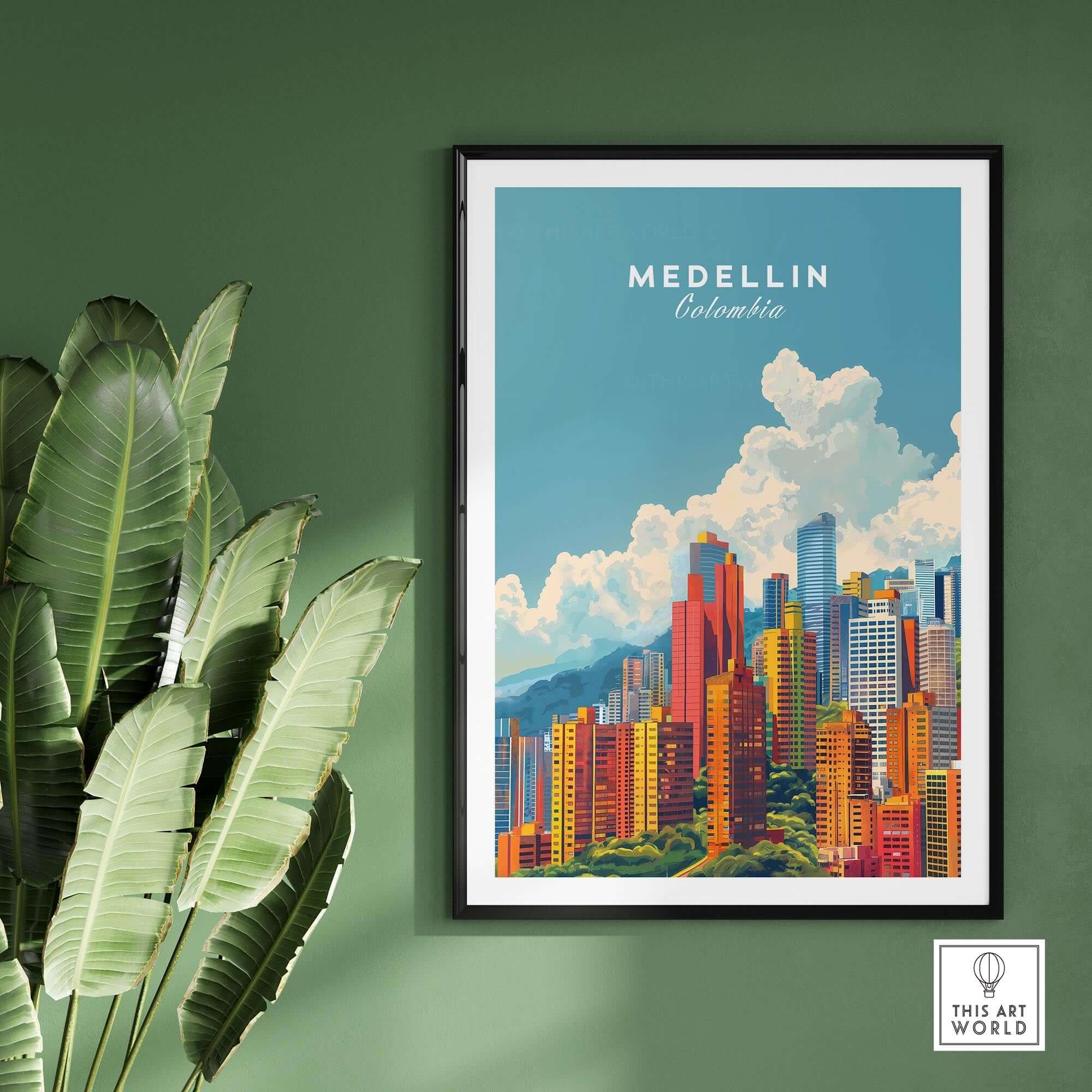 Medellin Travel Print poster showcasing vibrant cityscape of Medellin, Colombia, surrounded by green foliage.