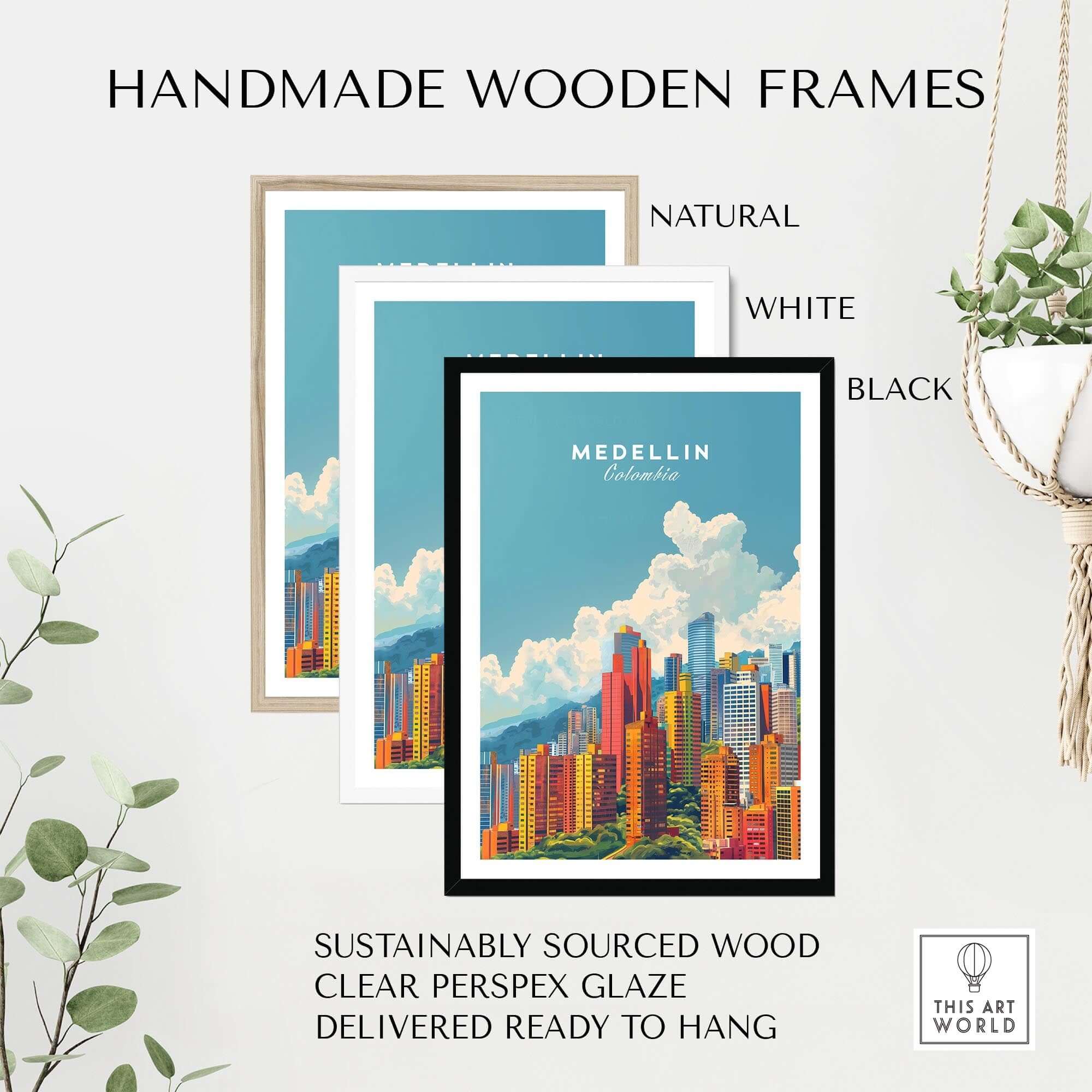 Medellin Travel Print displayed in three handmade wooden frames: natural, white, and black.