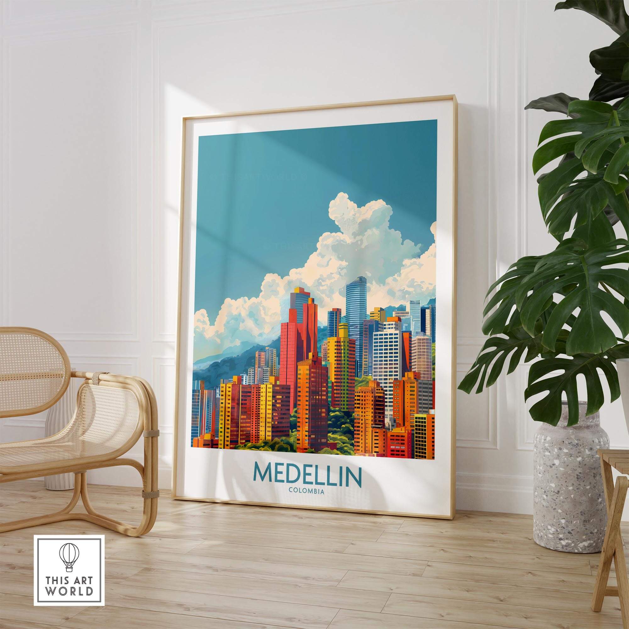 Medellin Travel Print - Colombia showcasing vibrant city skyline in modern decor setting