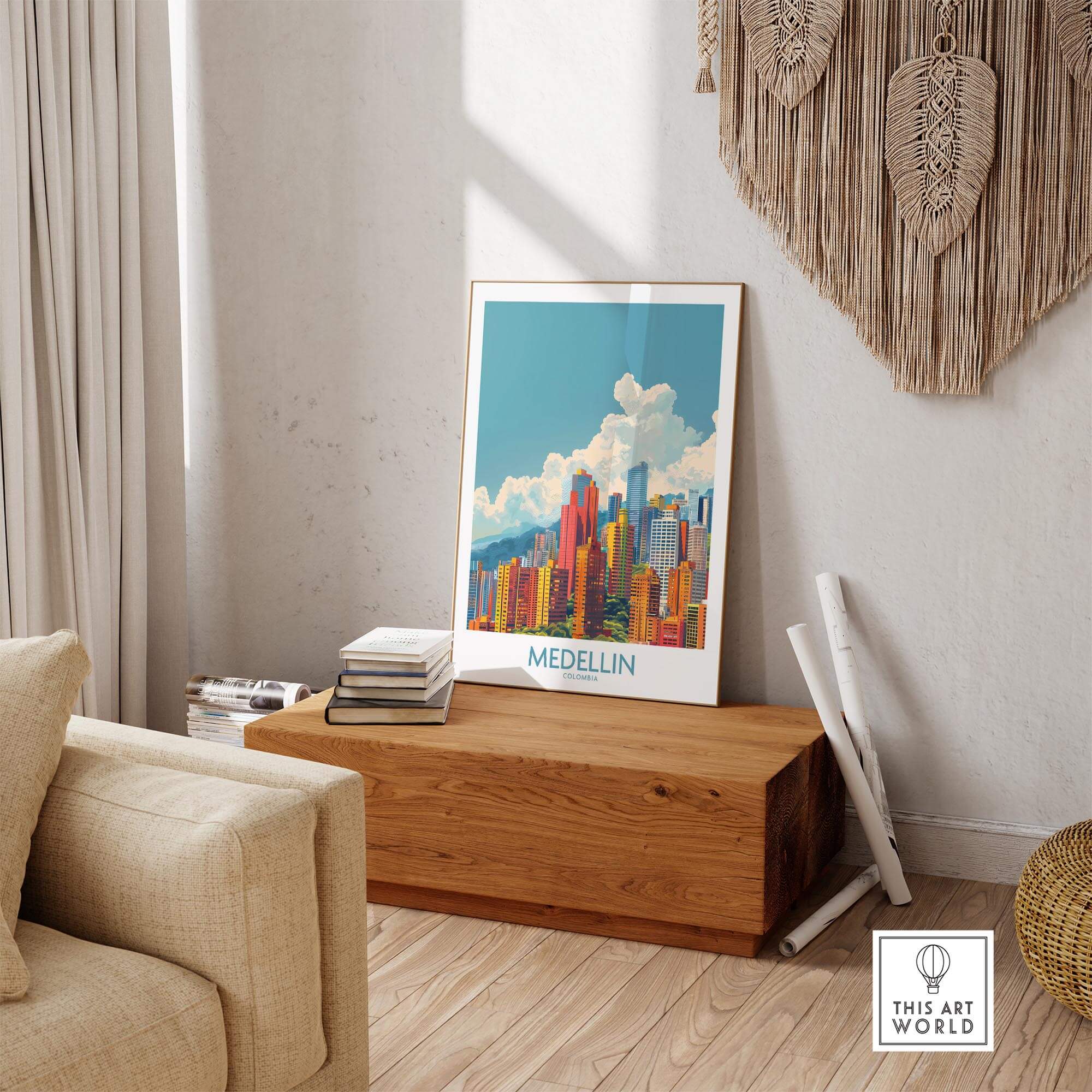 Medellin Travel Print - Colombia displayed in a modern living room, showcasing vibrant colors and cityscape.