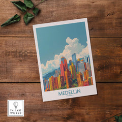 Medellin Travel Print - Colombia displaying a colorful cityscape of Medellin, the City of Eternal Spring.